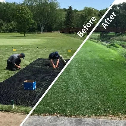Traqmatz Turf Protective Mat Before and After Installation 